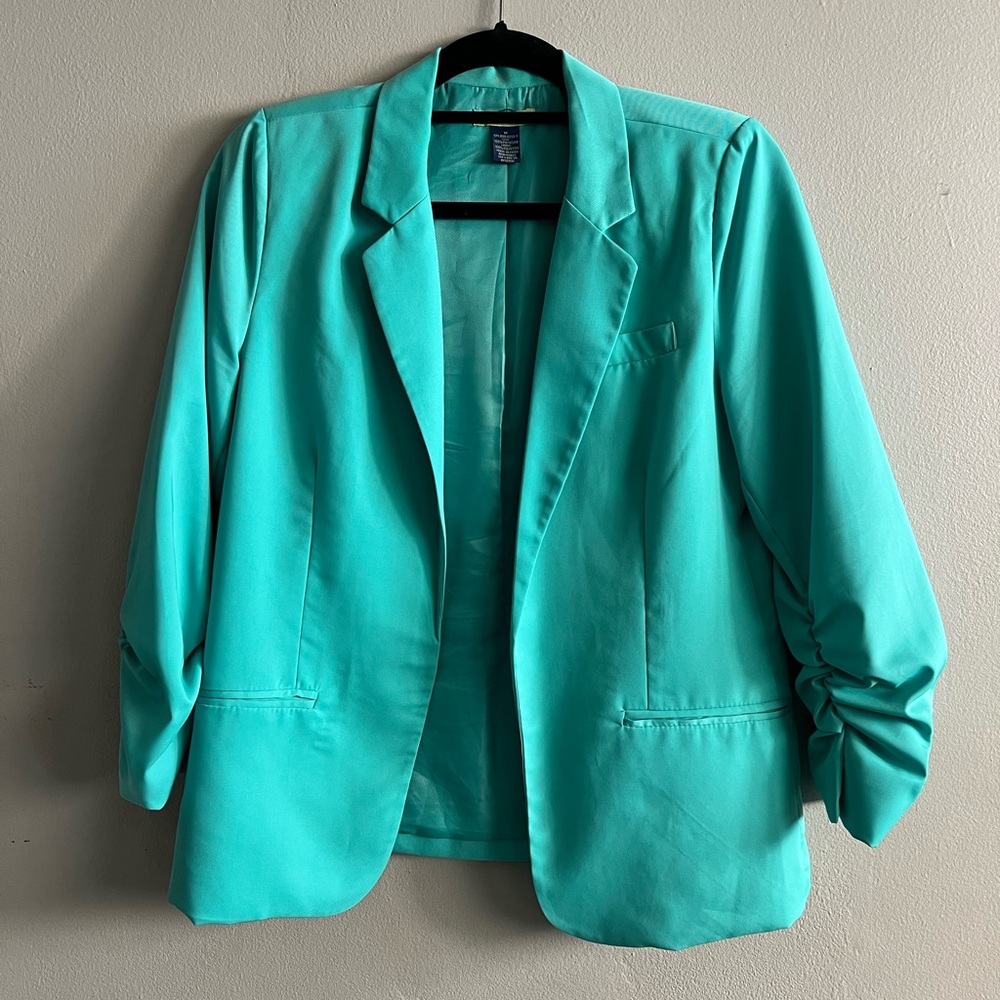Women's Free Hug Nordstrom Soft Open Front Blazer Jacket Turquoise Green Lined M